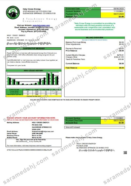 USA Colorado Holy Cross Energy utility bill template in Word and PDF format